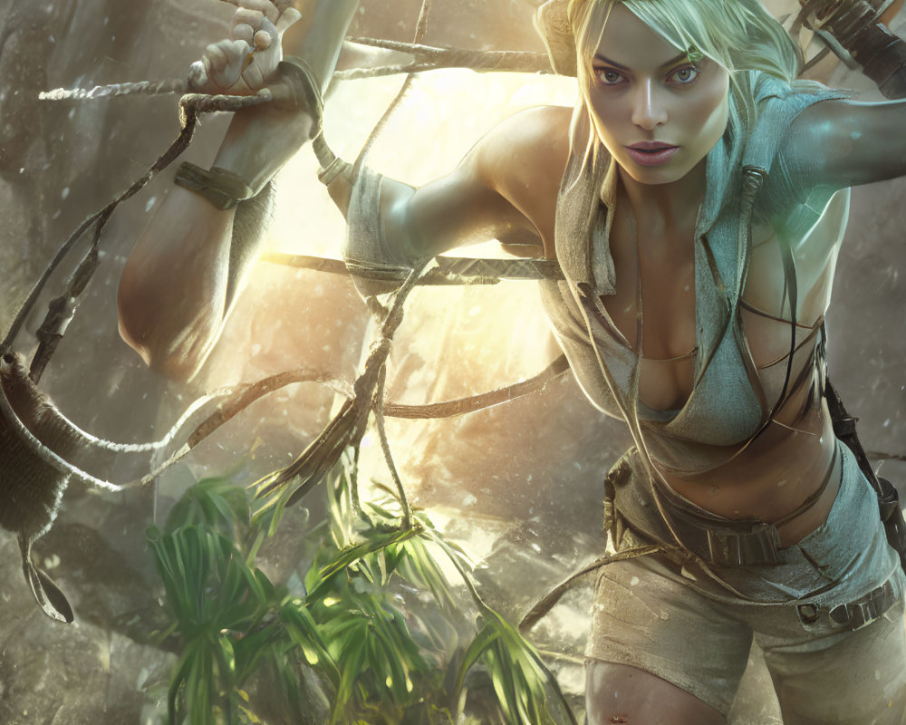 Blonde Female Adventurer Climbing in Jungle Setting