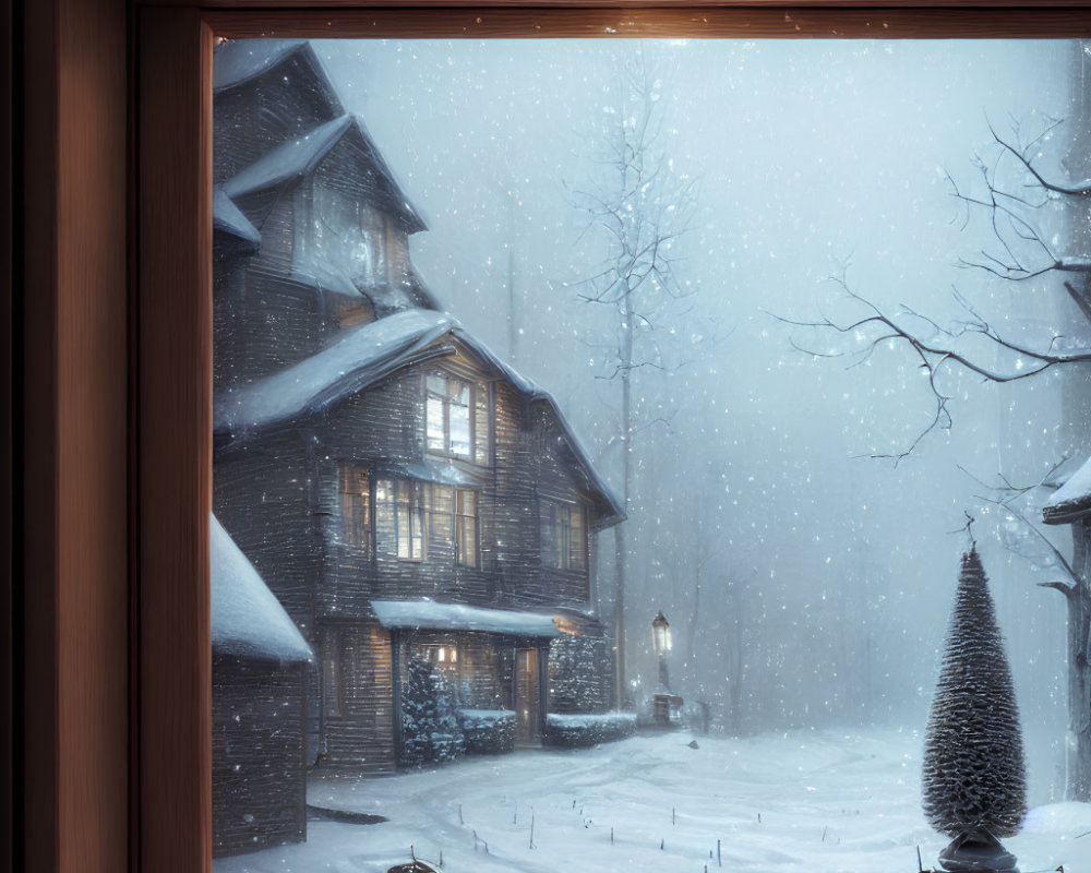 Snow-covered multi-story wooden house in winter landscape