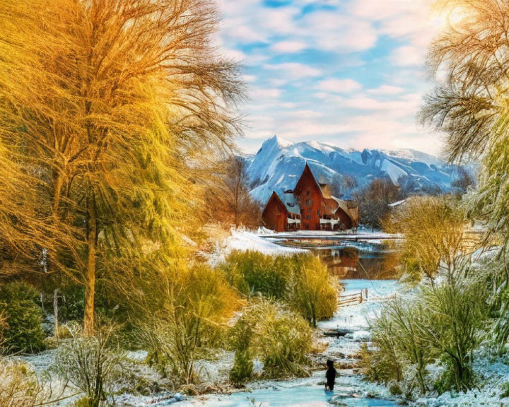 Snowy landscape with house, bare trees, and sunlit mountains