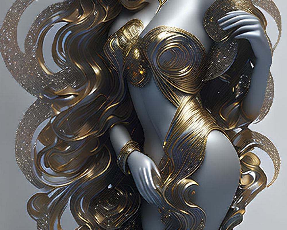 Golden-haired female figure with metallic skin and mystical aura