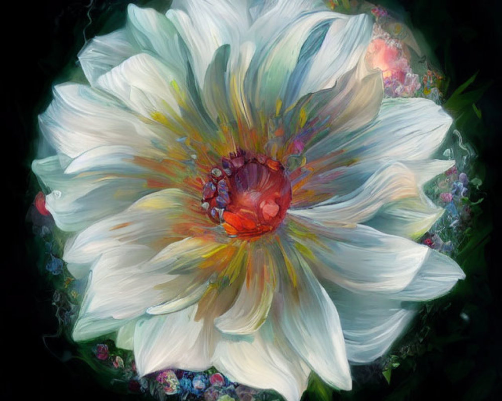 Detailed digital painting of white flower with red center amidst smaller flowers and leaves on dark backdrop