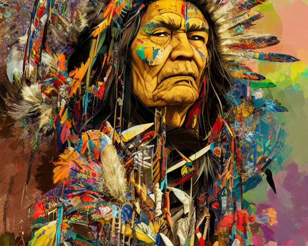 Colorful Digital Artwork: Native American Chief in Traditional Attire