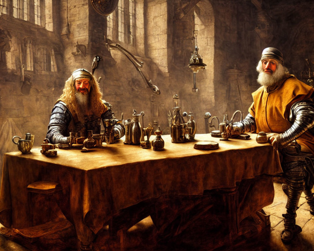 Medieval-themed painting of two bearded men at a table with goblets and candlesticks