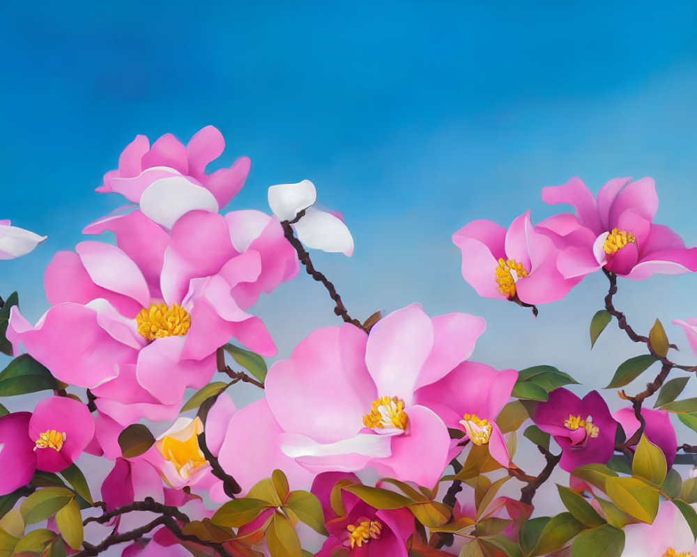 Colorful Pink Magnolia Flowers with Yellow Centers on Blue Sky Background