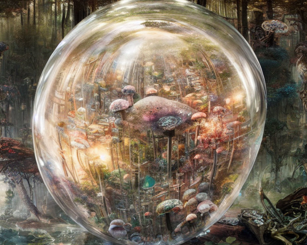 Enchanted forest scene with oversized mushrooms in transparent bubble