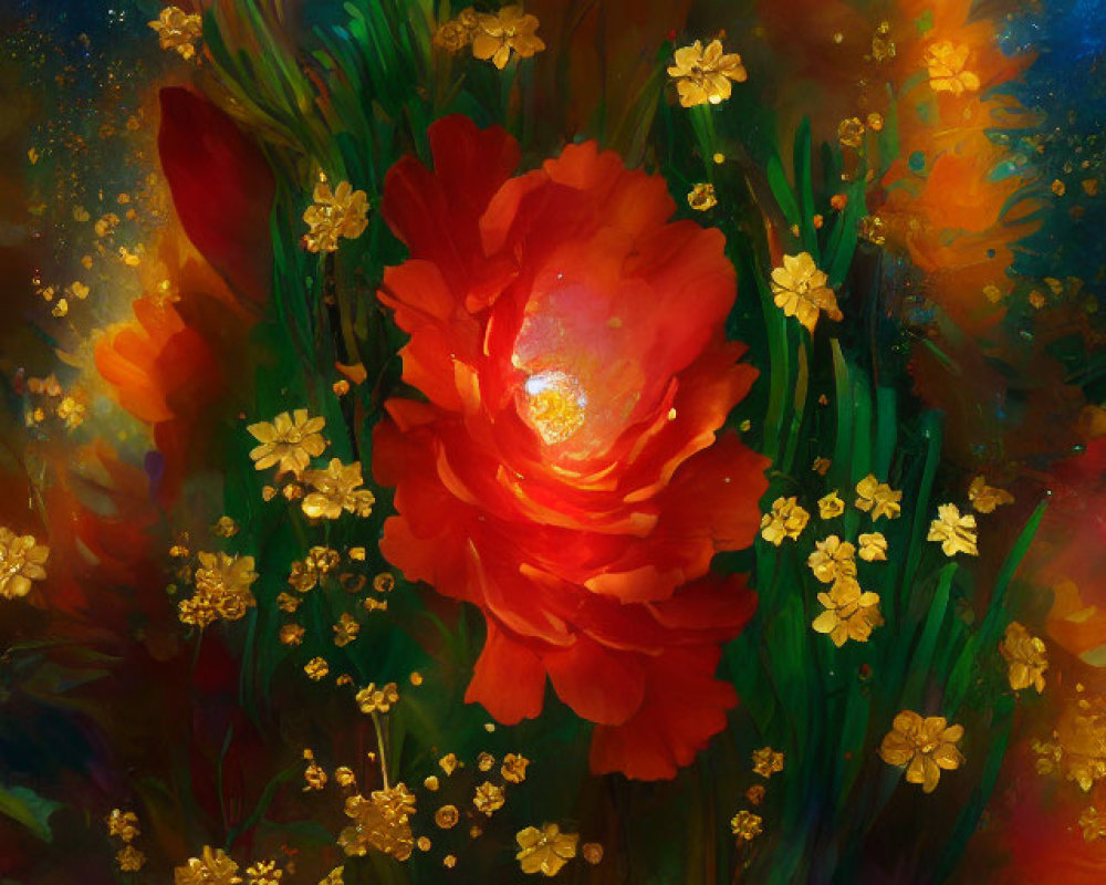 Colorful digital artwork: Red flower with golden blooms in green, orange, and yellow swirls