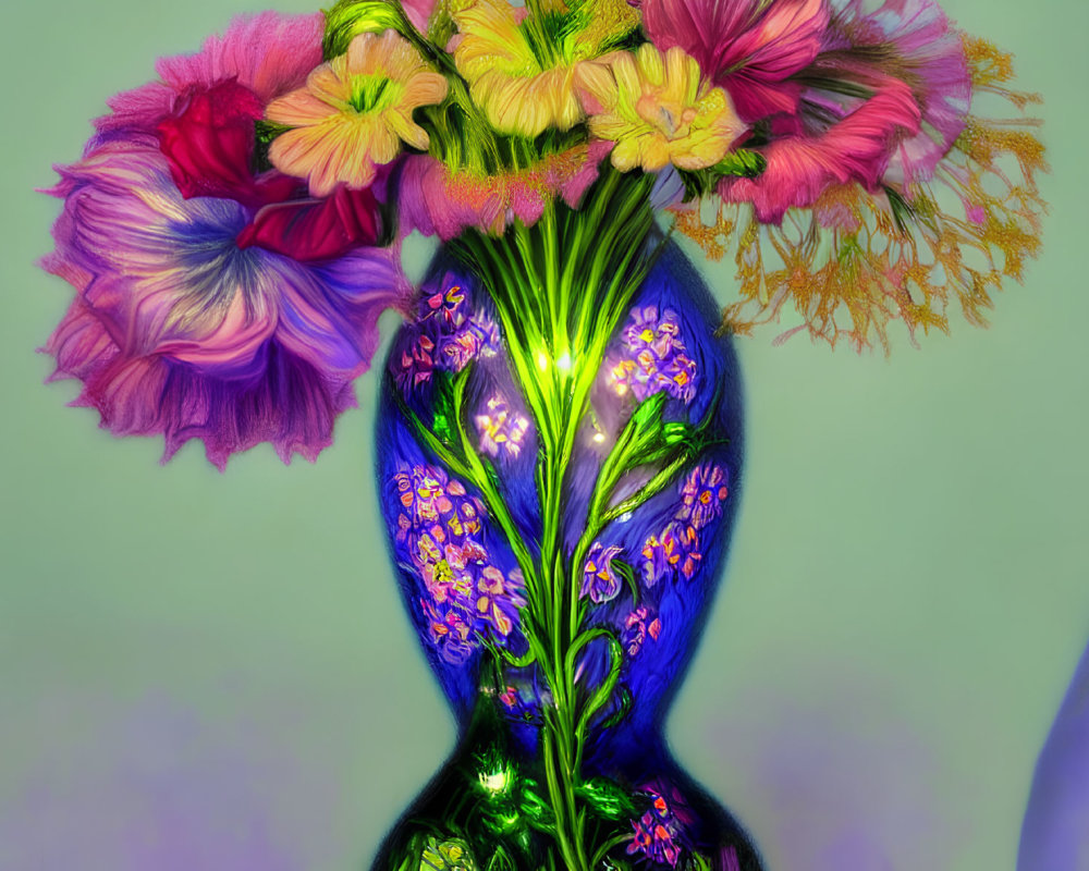 Colorful flower-headed vase artwork on teal background