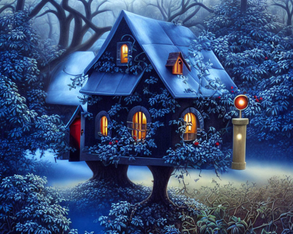 Illustration of cozy house in twilight forest with red lamp post