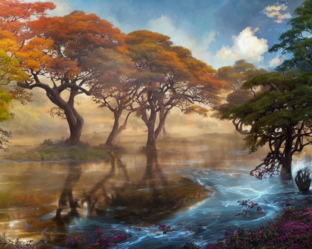 Tranquil landscape with towering trees and serene water