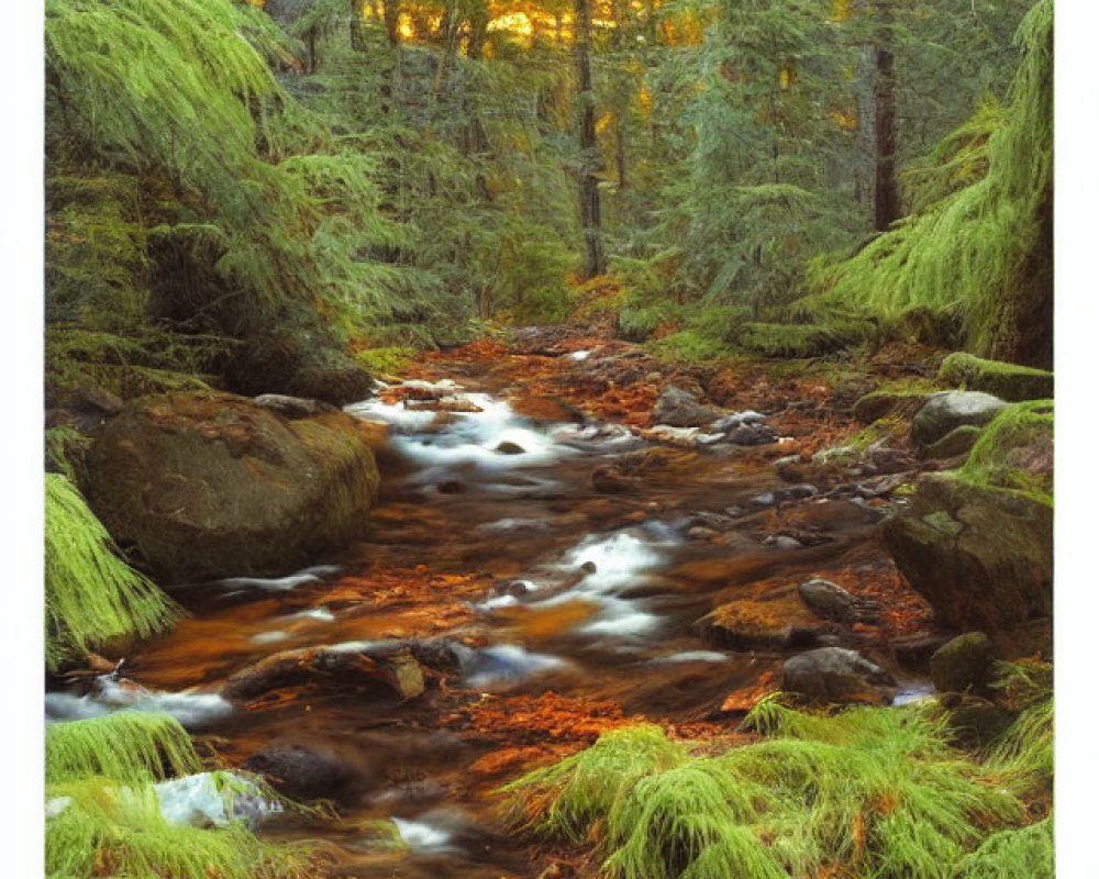 Tranquil Forest Brook with Moss-Covered Rocks and Autumn Trees