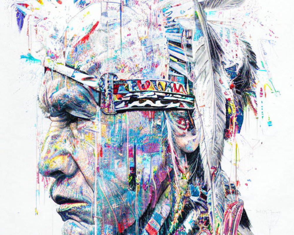 Colorful abstract portrait with Native American headdress on white background