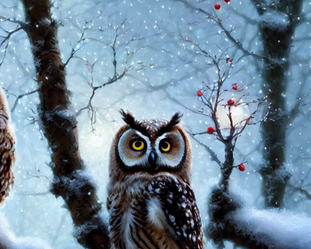 Majestic owl on snowy branch with winter berries in tranquil woodland