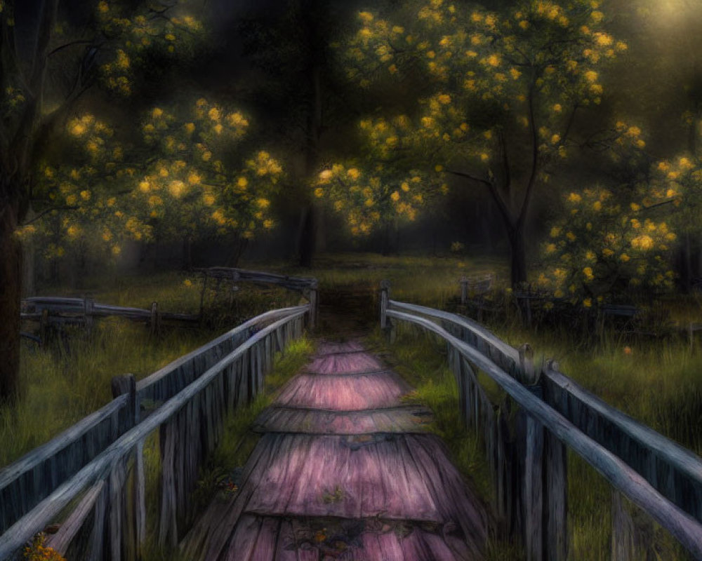 Enchanting forest path with wooden boardwalk and glowing flowers