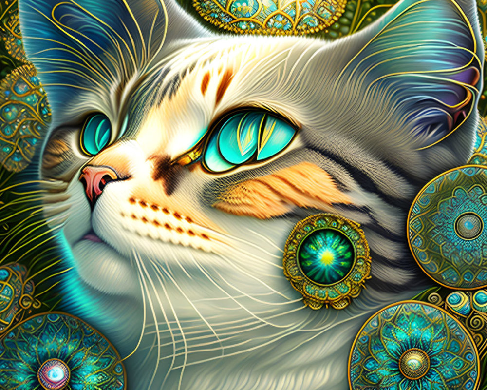 Detailed Illustration of Cat with Turquoise Eyes and Ornate Circular Patterns