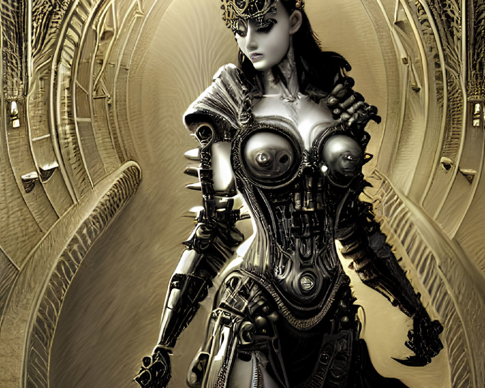 Futuristic female cyborg with ornate headdress and robotic limbs