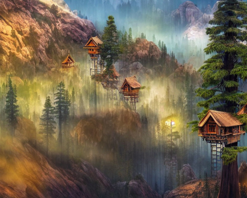 Cozy treehouses in misty forest with rugged mountains and warm lights