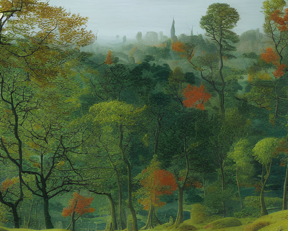 Tranquil landscape painting with lush greenery, autumn trees, stream, and distant village.