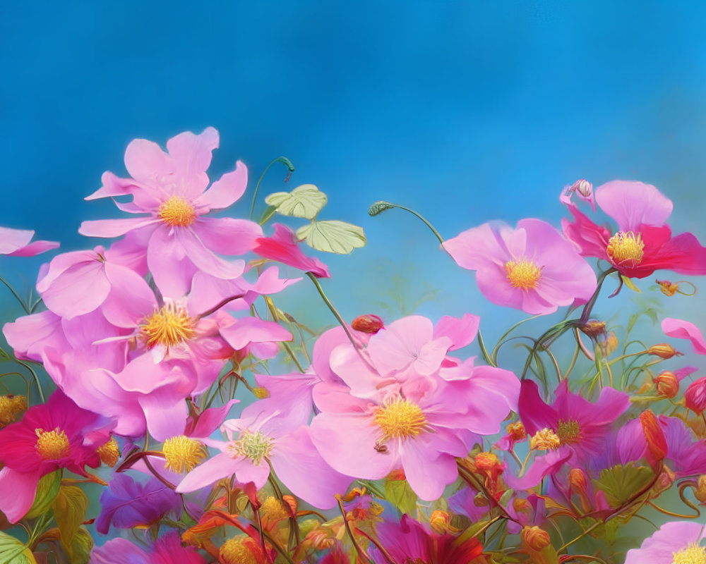 Colorful Pink Flowers with Yellow Centers on Blue Sky Background