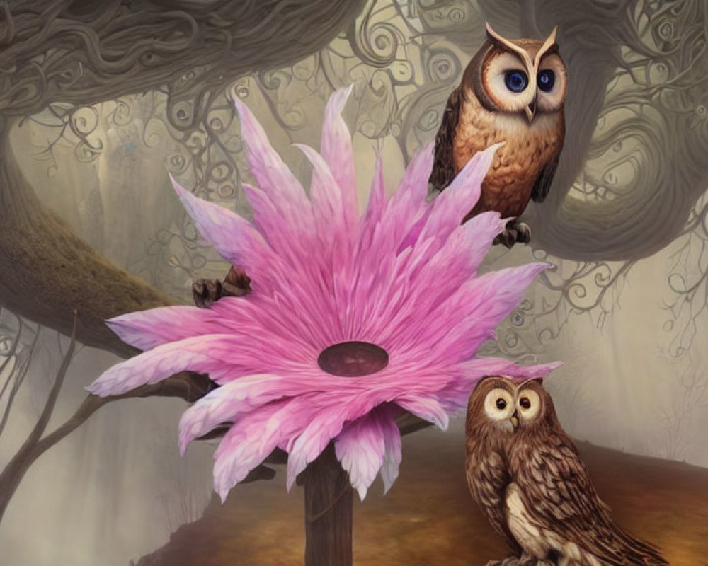 Whimsical tree branch with two owls and pink flower in mystical forest