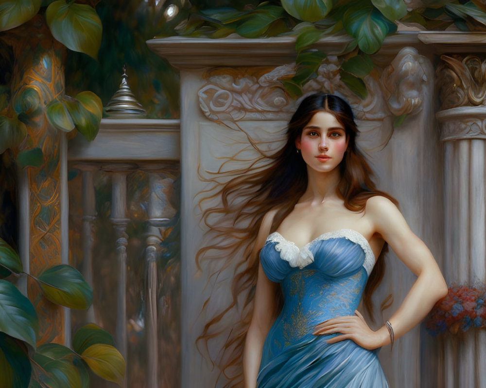 Woman in blue dress with flowing hair in classical architecture setting.