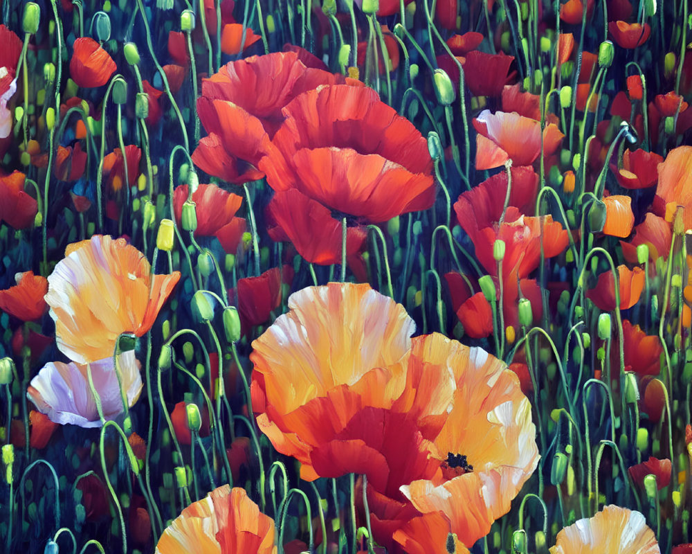 Colorful painting of red and orange poppies in a lush field