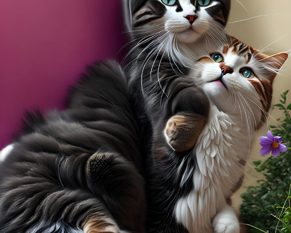 Fluffy cats with large eyes and purple flower in background