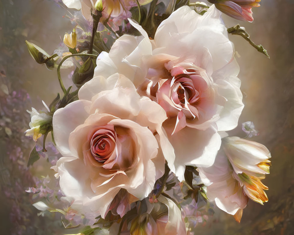 Delicate Creamy-White Roses with Pink Centers in Soft-Focus Floral Setting