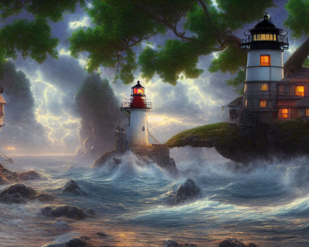 Stormy Sea with Lightning, Lighthouse, House, and Dramatic Sky