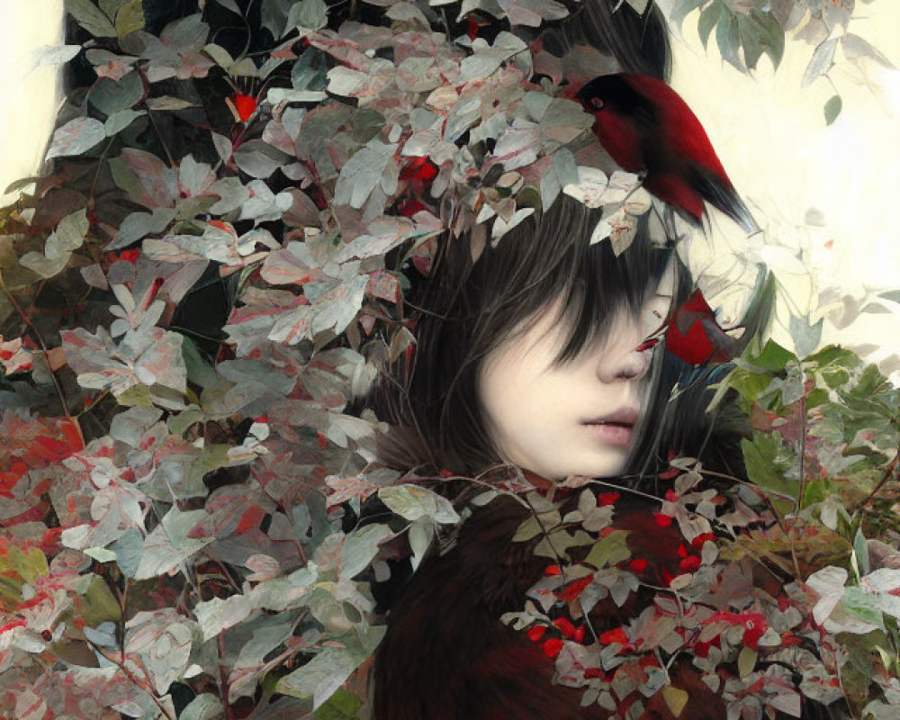 Illustration of person merging with tree, surrounded by red birds and white/red leaves