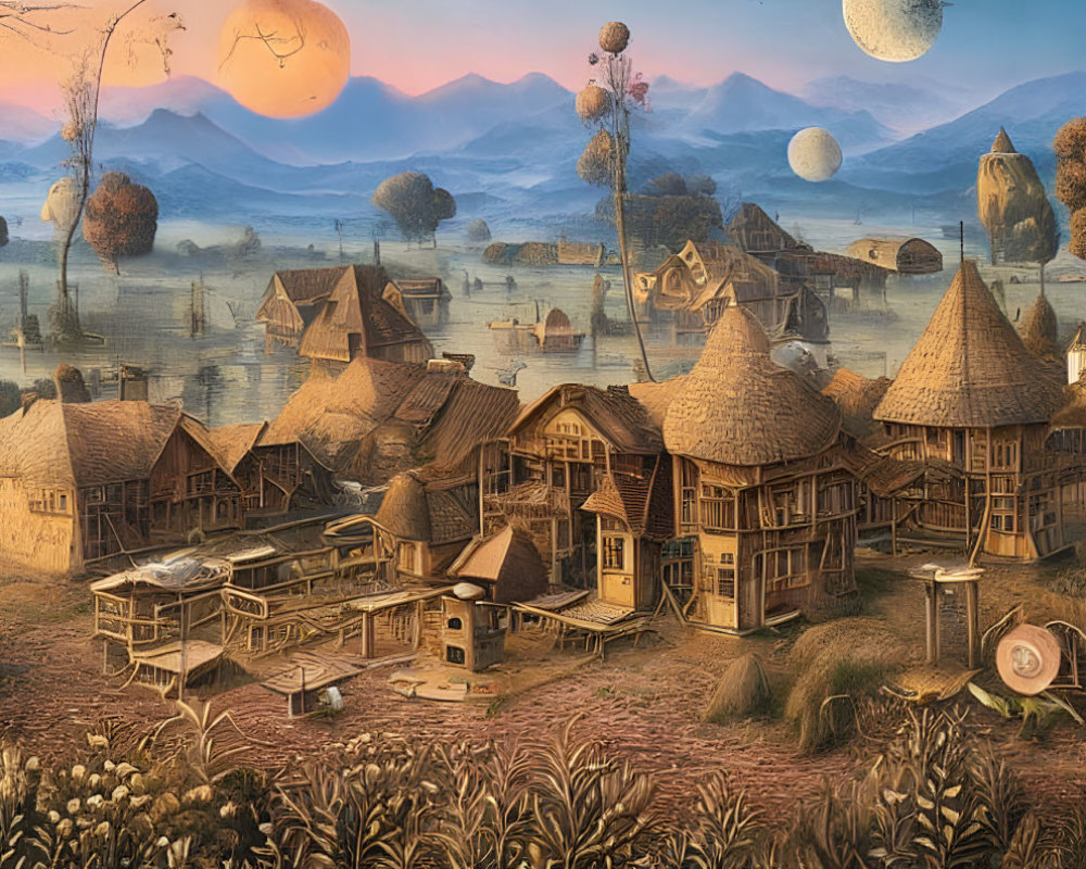 Whimsical fantasy landscape with floating islands and two moons