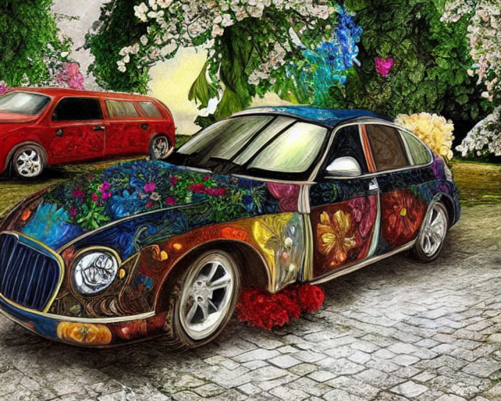 Vibrantly painted car with floral and artistic designs on cobblestone path