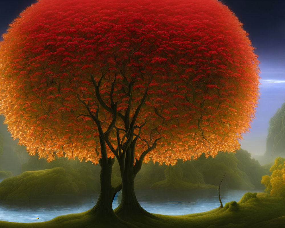 Surreal landscape with large red tree under twilight moon