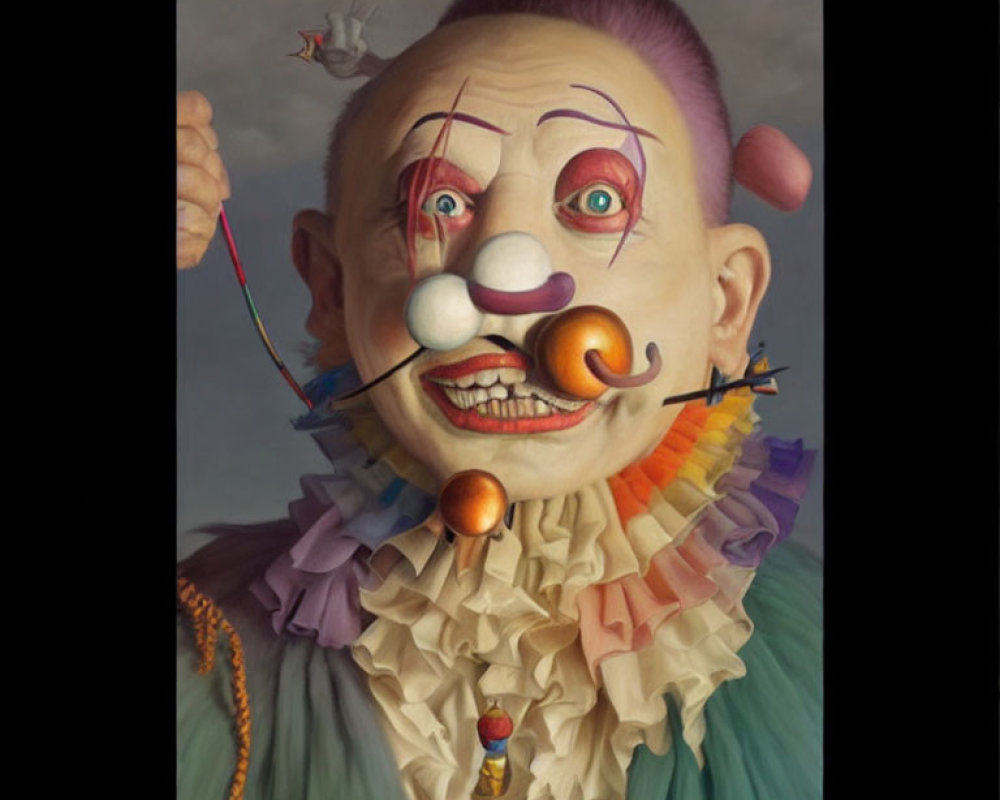 Surreal portrait of person with clown makeup and whimsical features