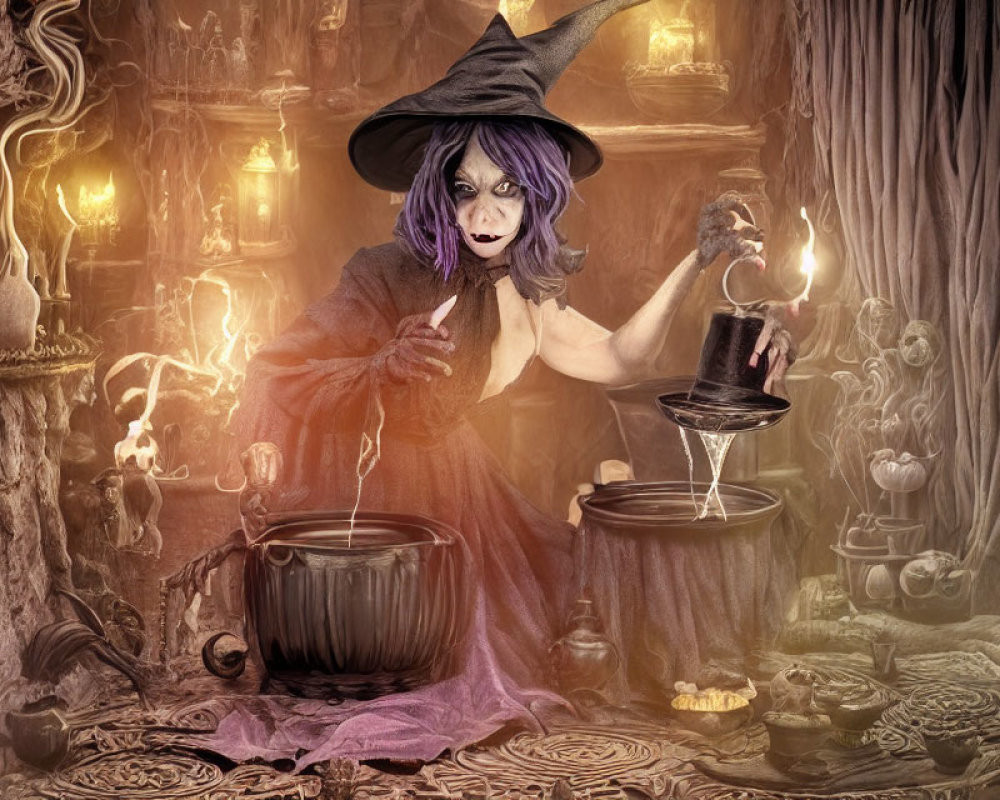 Purple-haired witch stirring cauldron in dimly lit room with skulls & candles