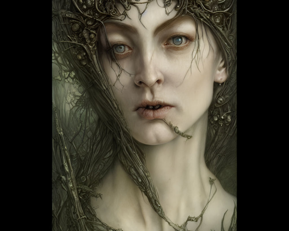 Portrait of a person with metallic headwear, tendrils, pale skin, and blue eyes