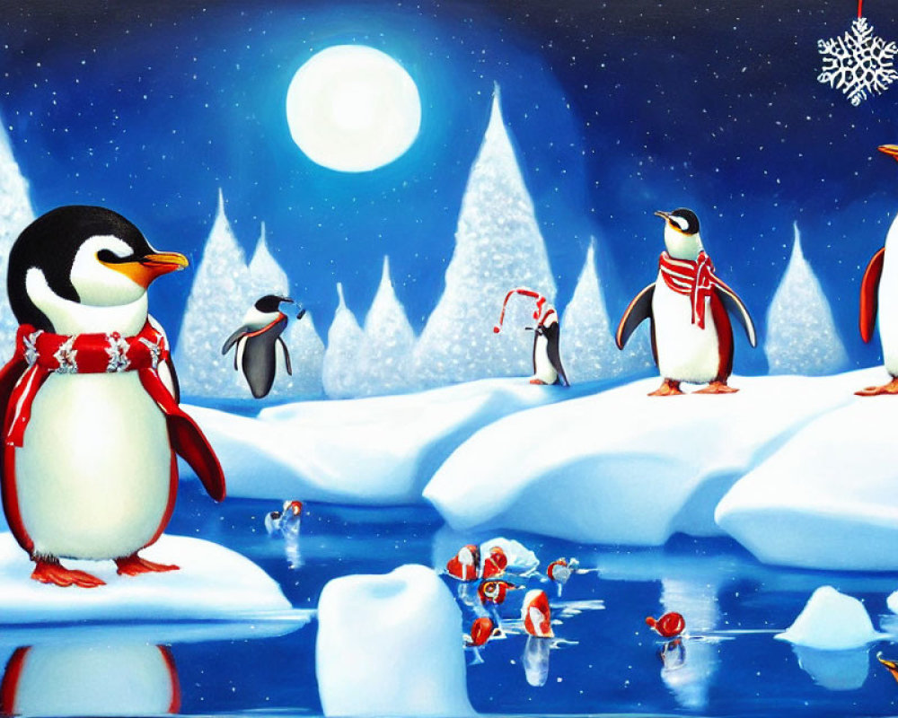 Cartoon penguins in scarves on snowy landscape with icebergs, Christmas trees, and full