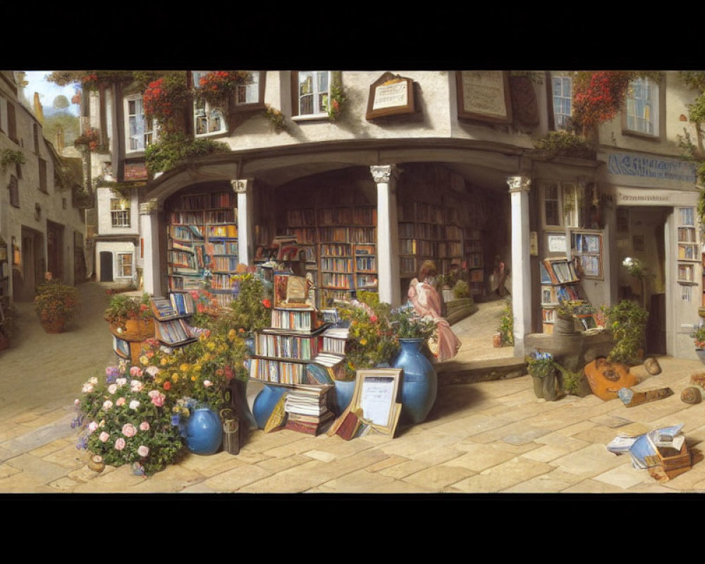 Charming bookshop on cobblestone street with books and plants.