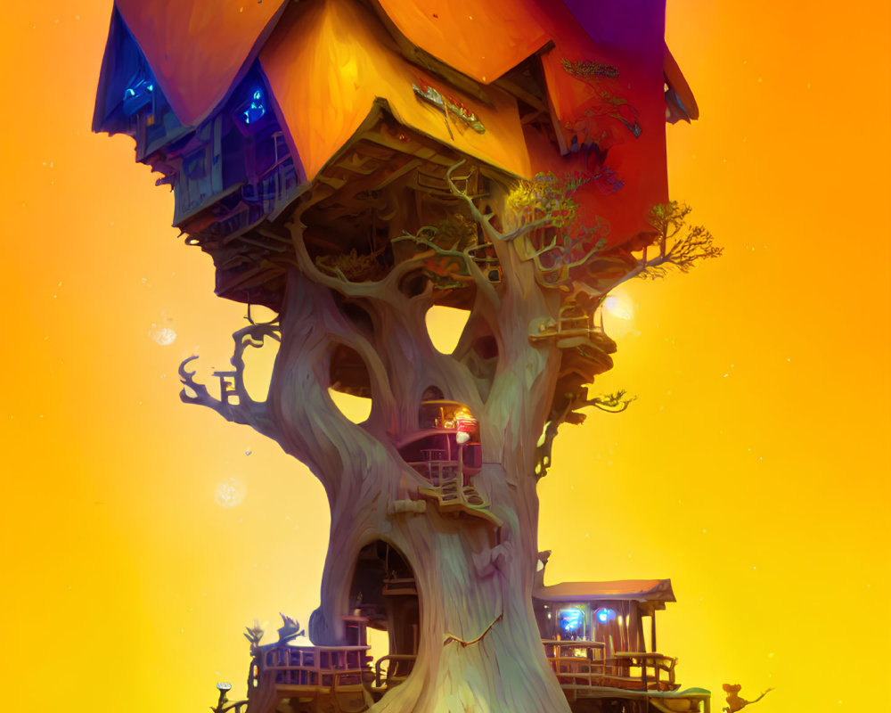 Colorful multi-level treehouse with glowing windows in a whimsical setting