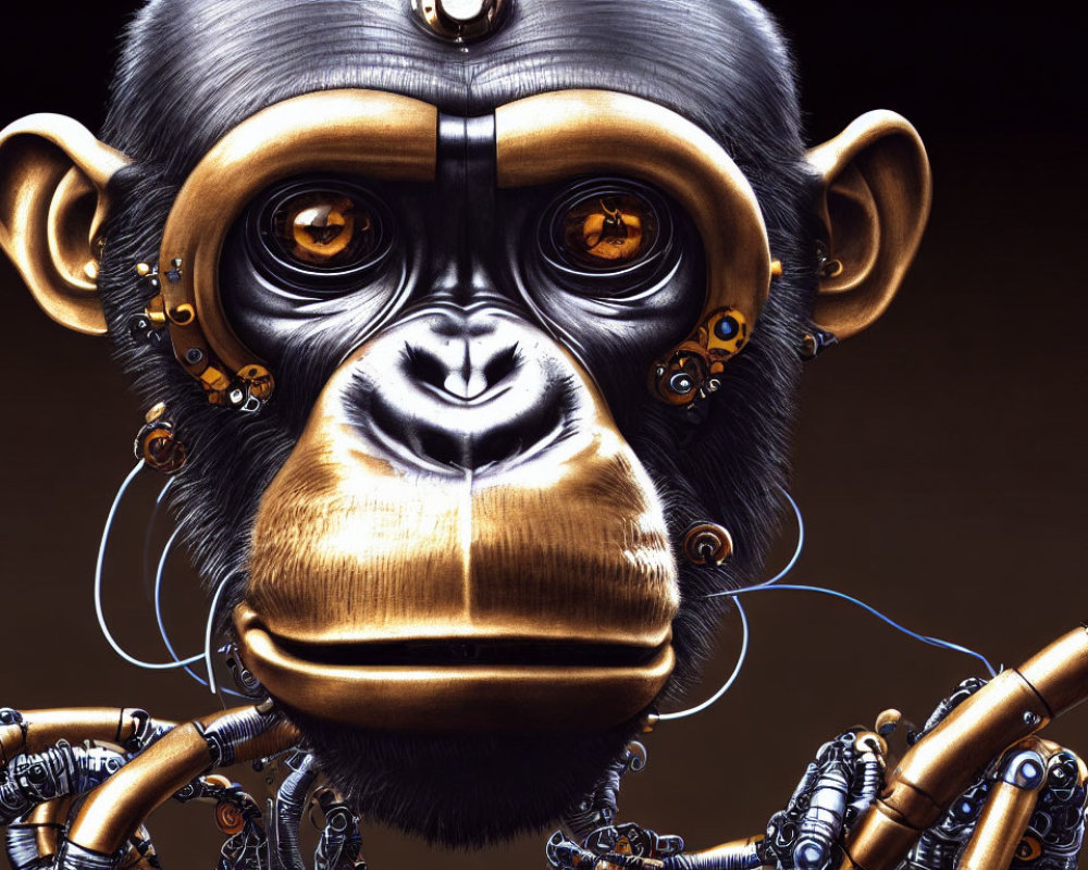 Illustration of cybernetic chimpanzee with golden face and glowing orange eyes