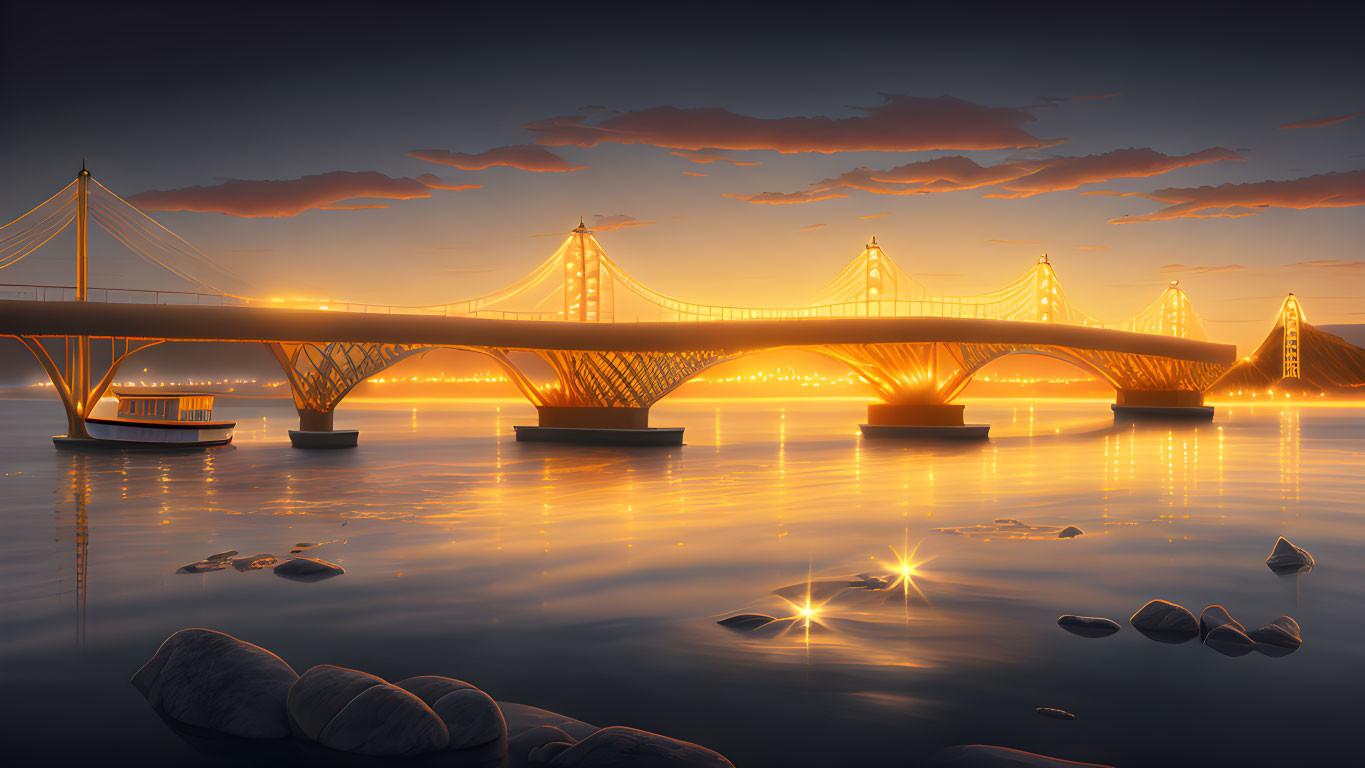 Illuminated suspension bridge over tranquil water at sunset