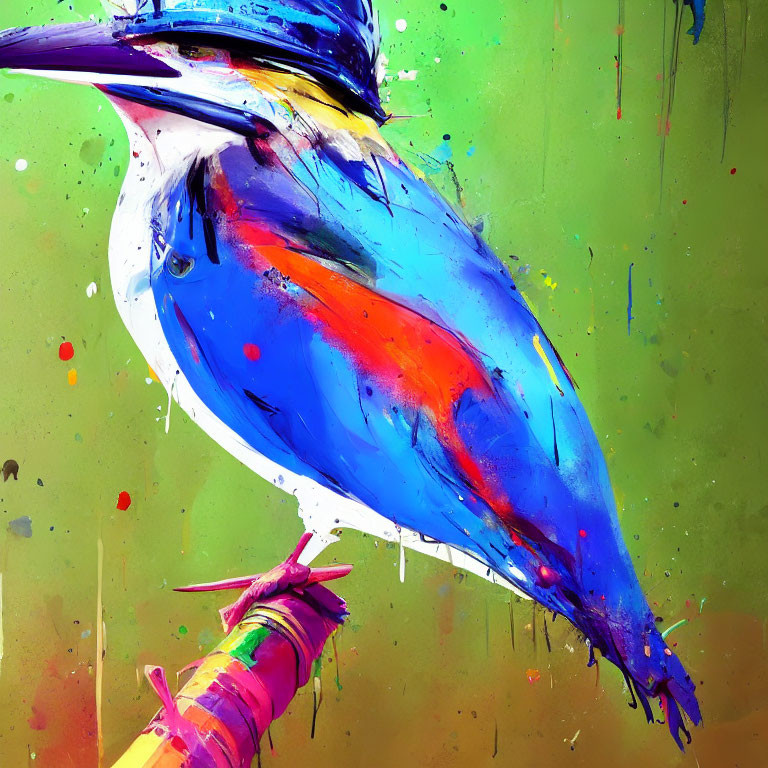 Abstract painting of blue and red bird with colorful splattered background