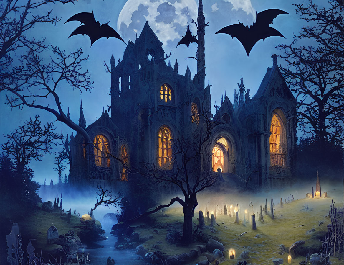 Dark Gothic Castle Night Scene with Bats, Full Moon, Graveyard, and Leafless Tree