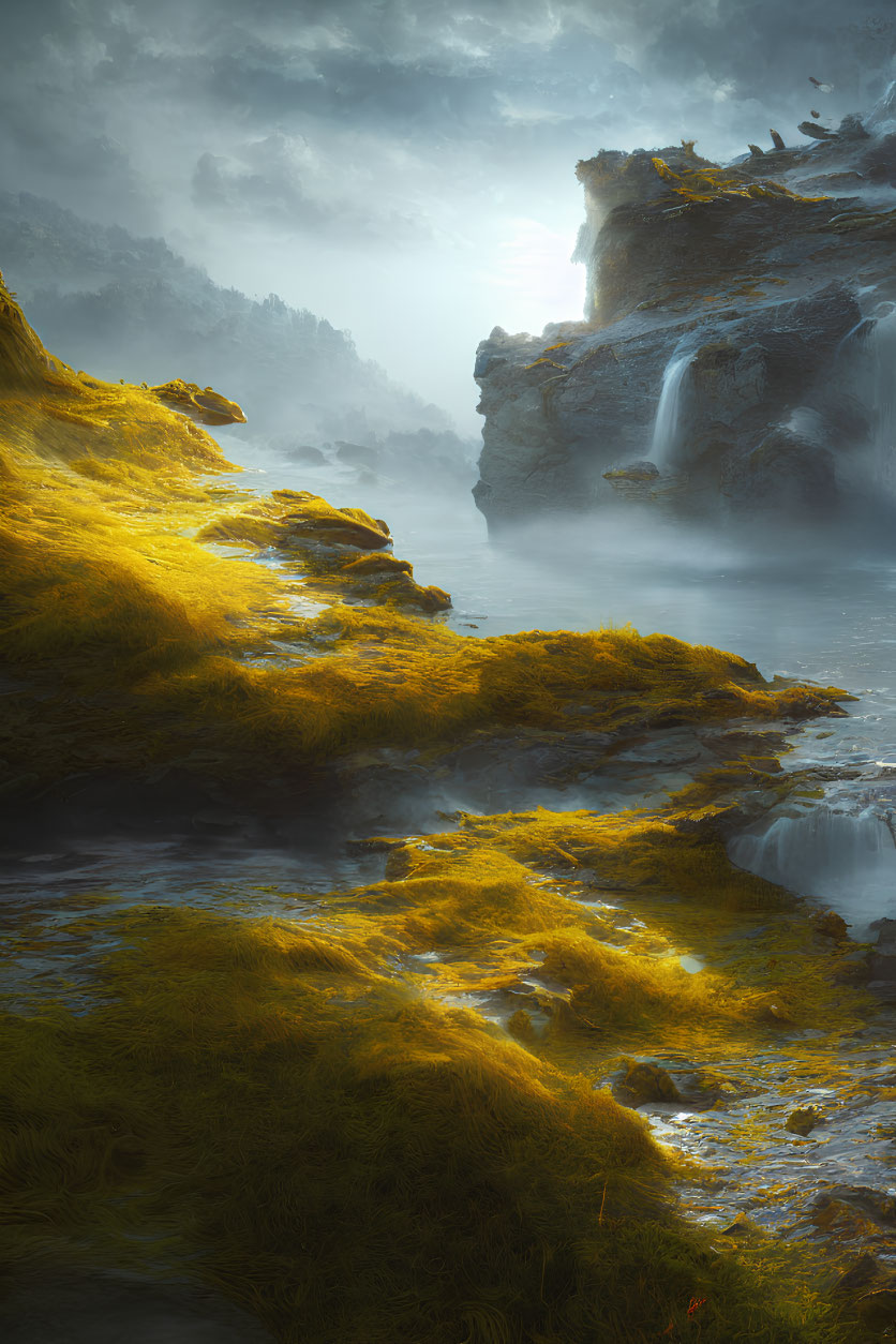 Tranquil misty landscape with moss-covered cliffs and waterfalls