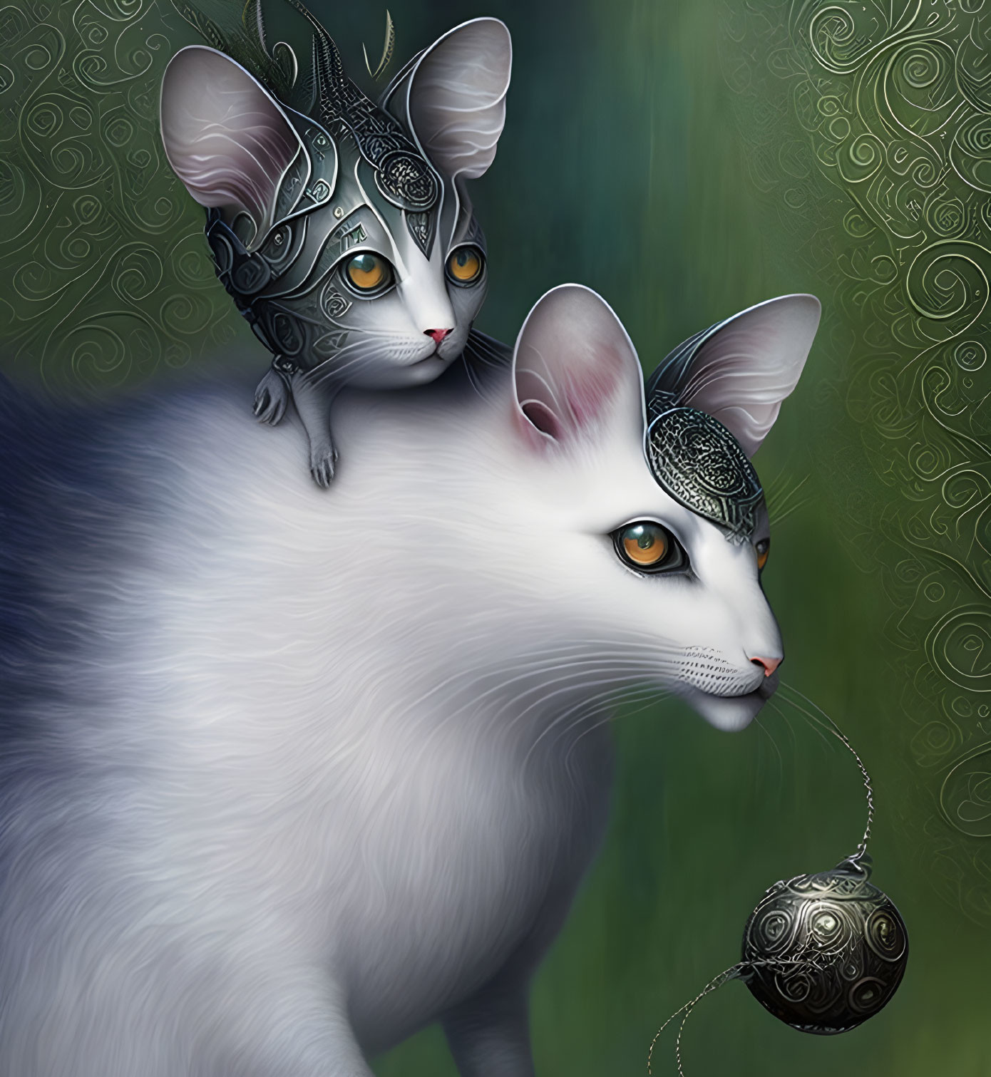 Two White Cats with Metallic Headpieces on Green Background