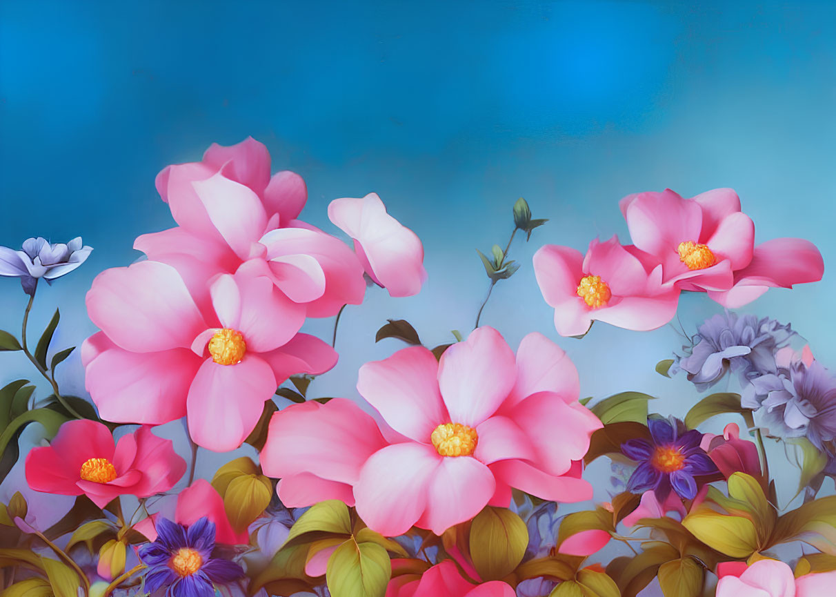 Colorful Floral Illustration with Pink and Yellow Flowers on Blue Background