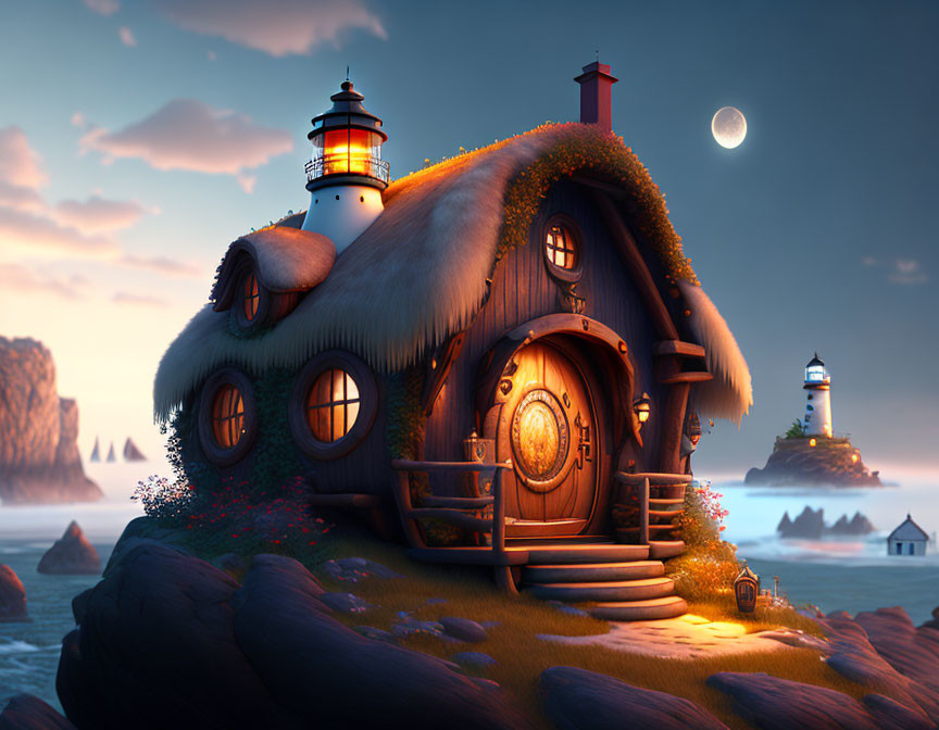 Whimsical house with attached lighthouse on seaside cliff at twilight