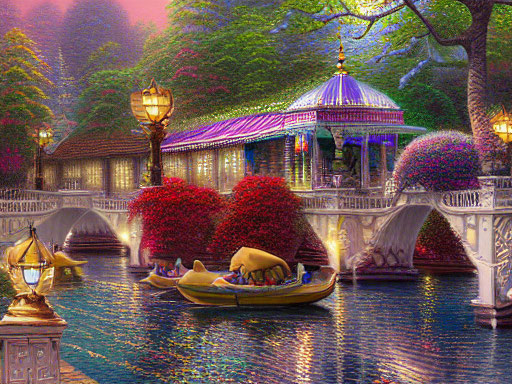 Tranquil river scene: couple in boat, flower bushes, bridges, lampposts,