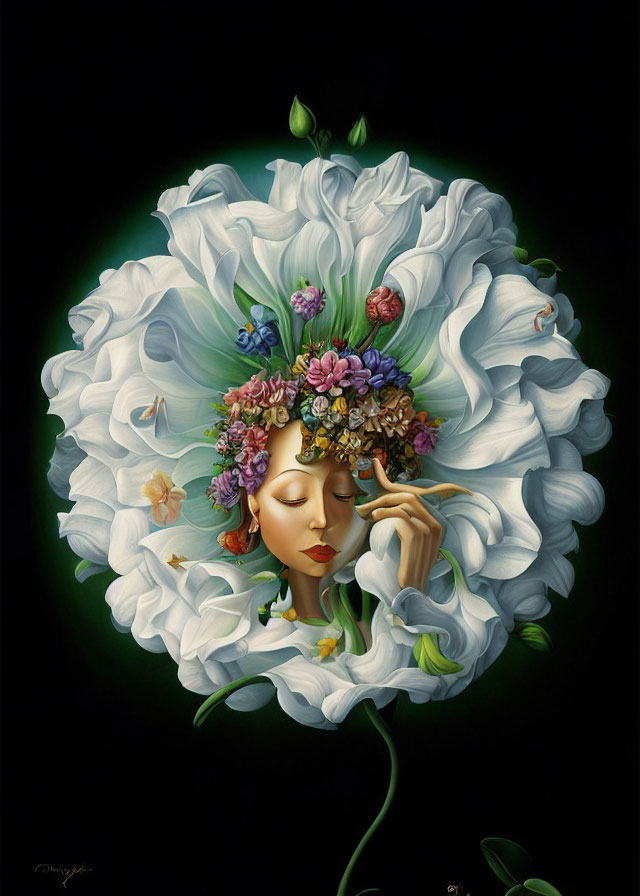 Surreal painting of woman's face merging with blooming flower