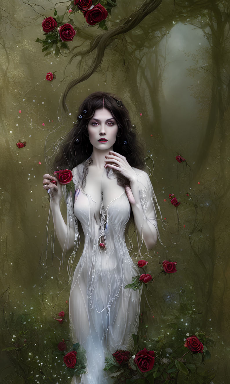 Mysterious woman in enchanted forest with red roses and heart pendant