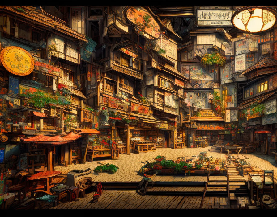 Detailed illustration of vibrant multi-level marketplace with hanging lanterns and diverse goods on wooden structures